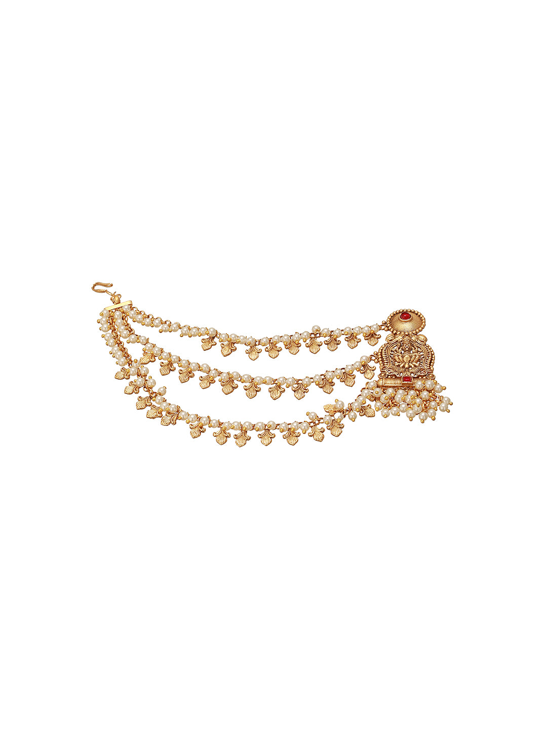 Gold Plated Kemp Stone Studded 3 Layered Pearl Lakshmi ji Design Temple Matil With Earchain Earrings